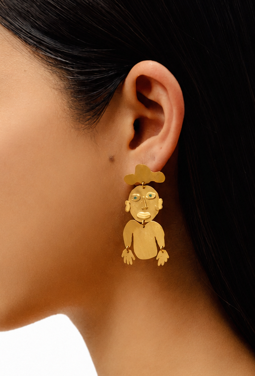 aretes articulados de figuras humanas, hecho a mano, caras, marca mexicana, tumbaga, esmeraldas, arte, aretes grandes, aretes no pesados, regalo de cumpleaños para mujer, regalo de aniversario para mujer, regalo para hombre, diseño mexicano, hecho en México