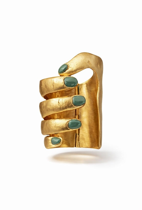 brazalete en forma de mano, brazalete de aleación de latón, brazalete cortado a mano, brazalete con piedras verdes, brazalete para mujer, brazalete con chapado de oro 24k, brazalete ajustable, brazalete para mujer, brazalete para hombre, diseño mexicano, hecho a mano, hecho en México